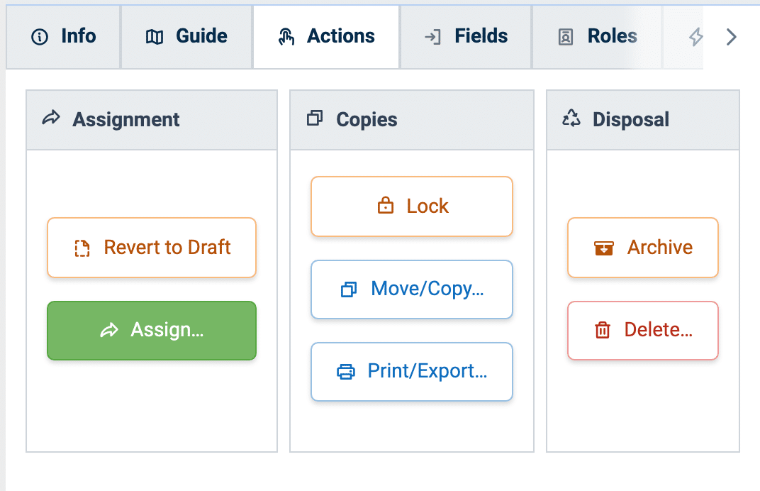 A procedure's Actions tab in TaskTrain: assignment, copies and disposal