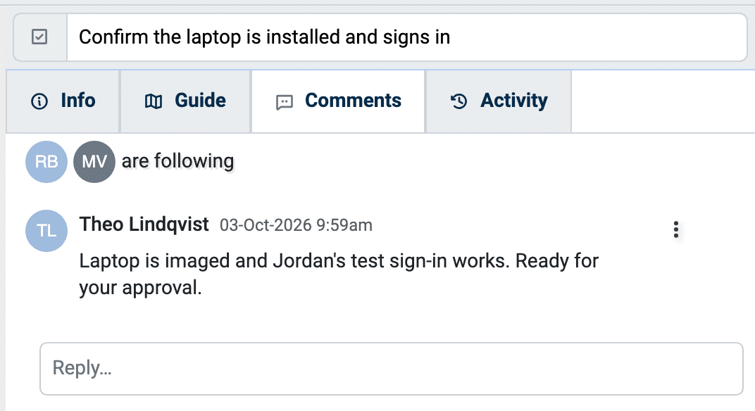 A comment thread on a task in TaskTrain